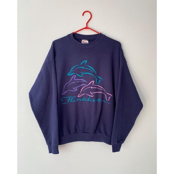 90s vintage blue dolphins florida USA souvenir graphic cozy pullover sweatshirt - Picture 1 of 9